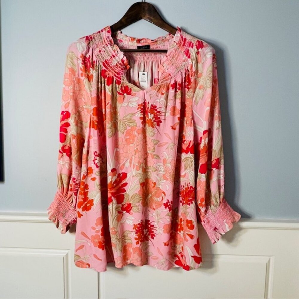 Talbots NWT Smocked Floral Soft Flowy Blouse Vibrant Pink NEW XL - Picture 2 of 6